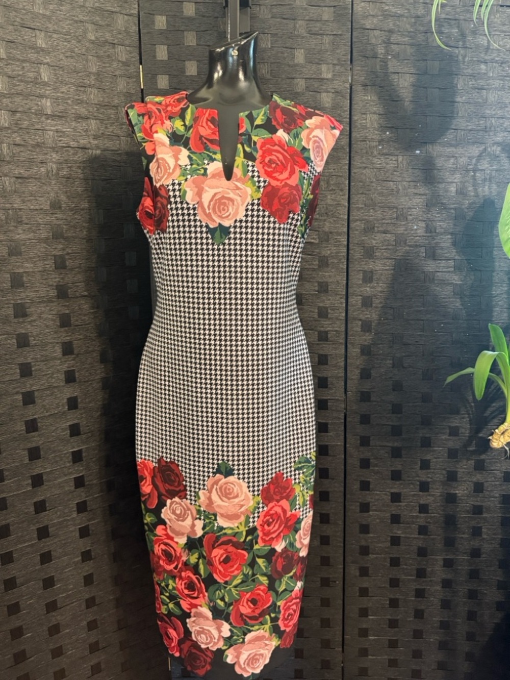 NY & Co Floral Houndstooth Stretch Dress Sz M